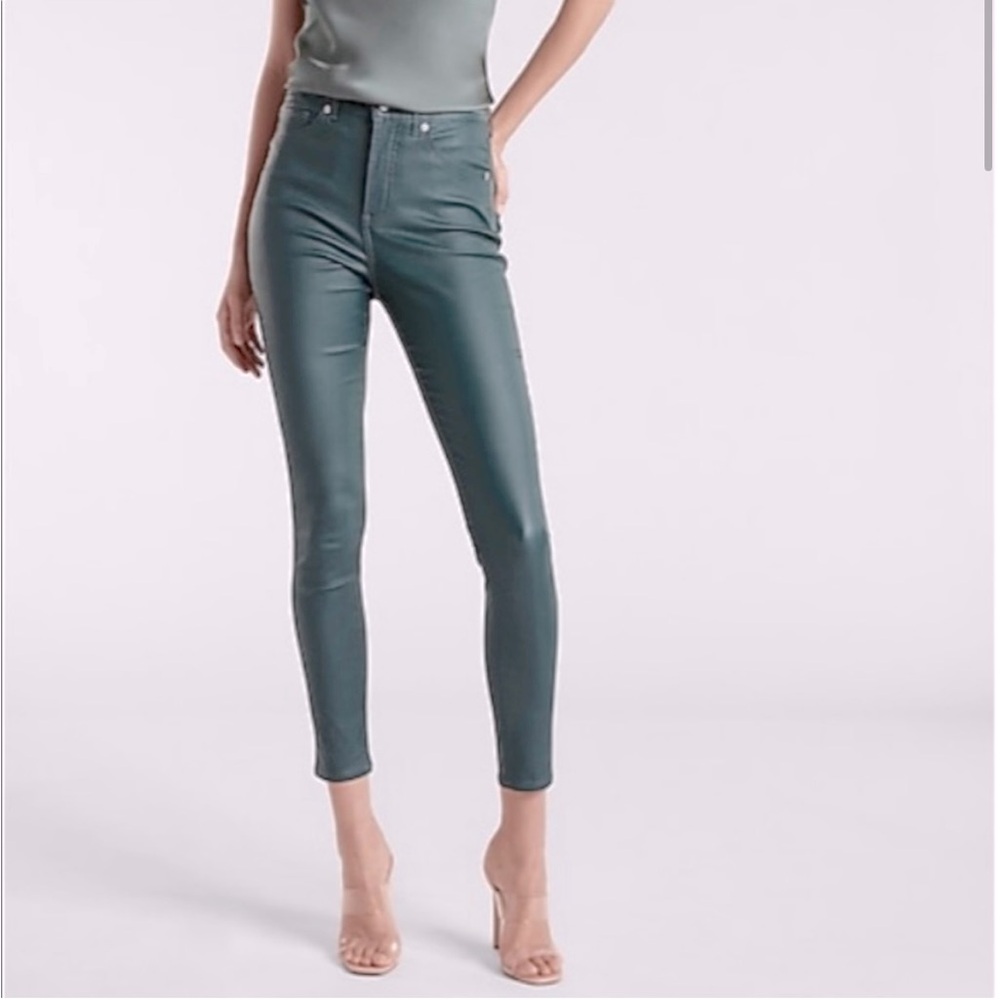 Express High Waisted Green Faux Leather Skinny Jeans